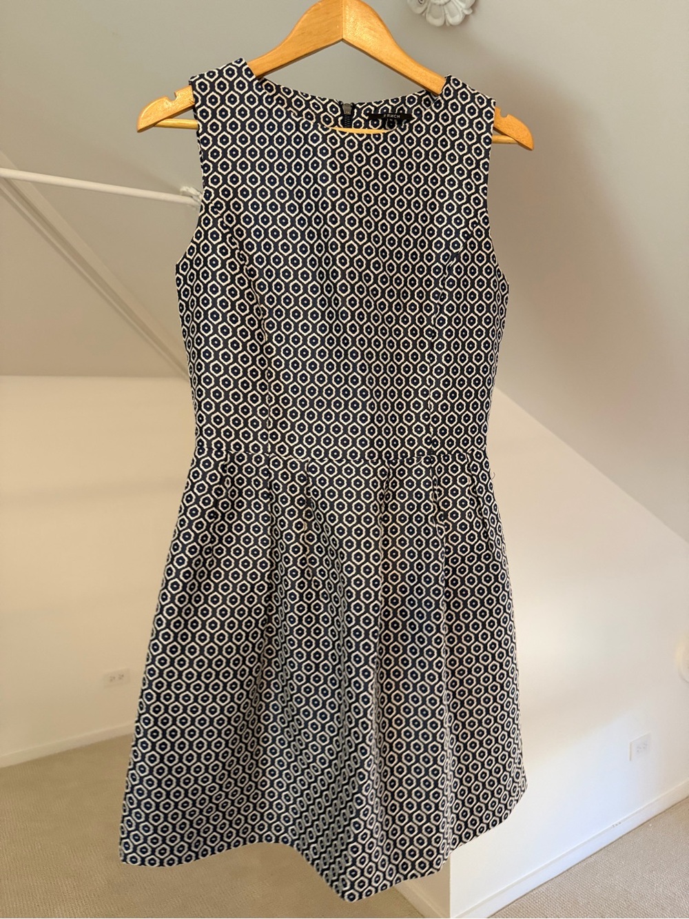 FRNCH Navy and White Geometric Fit-and-Flare Dress